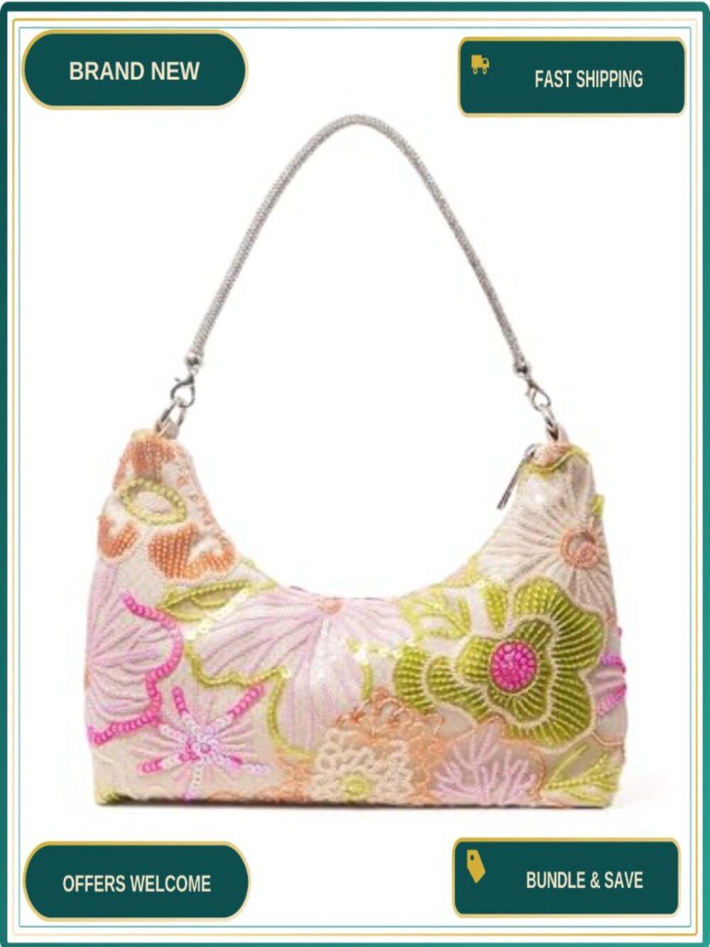 Sequin Floral Embroidered Evening Clutch with Detachable Chain